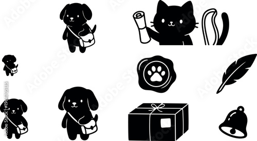 Dog carrying satchel cat with scroll feather and bell icons