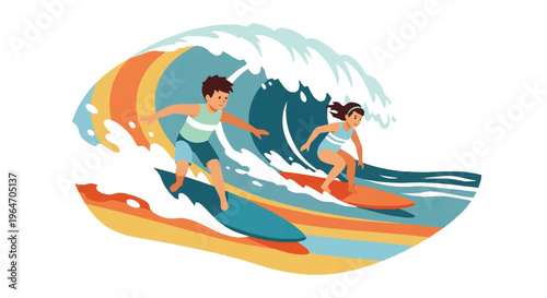 Surfers riding wave illustration summer recreation concept