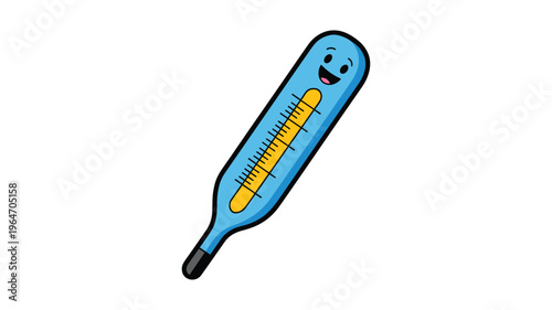 Cartoon blue thermometer with happy face and yellow liquid level keywords