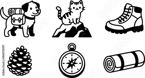 Black and white line art hiking dog cat boot pinecone compass and sleeping bag icons