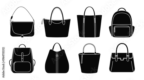Collection of eight keywords: black silhouette handbag and backpack on white background tote satchel