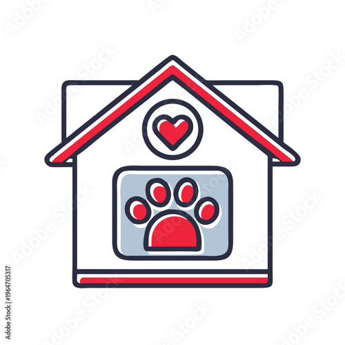 Outline Animal Shelter House Icon with Heart and Paw Print Representing Pet Adoption and Charity Foundation Support