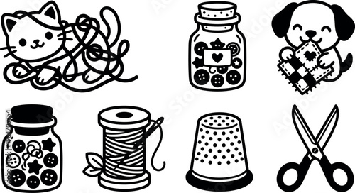 Cute cat with tangled yarn and sewing tools line art with dog holding patchwork