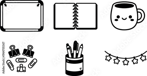 Black and white line art cute coffee mug notebook and stationery set
