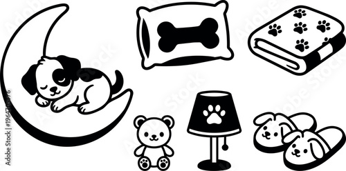 Black and white line art sleeping puppy on crescent moon with dog pillow blanket and slippers