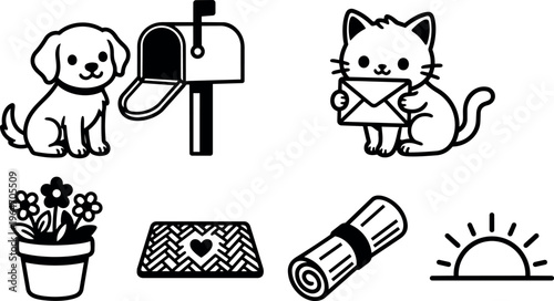 Black and white cute dog next to mailbox cat holding envelope flower pot doormat rolled newspaper sunrise