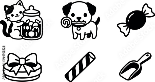 Cat with candy jar dog with lollipop and sweets icons