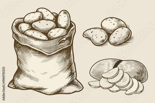 Vintage illustration of potatoes in a sack and a sliced potato
