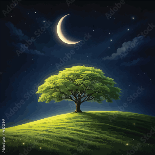 Serene night landscape with a crescent moon and stars illuminating a solitary green tree on a grassy hill, evoking peace and tranquility