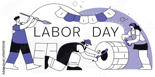 Labor Day illustration with workers and wooden barrel and blocks