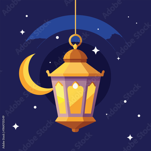 Hanging lantern with crescent moon and stars at night  Ramadan decoration