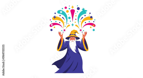 Wizard casting magical fireworks display illustration