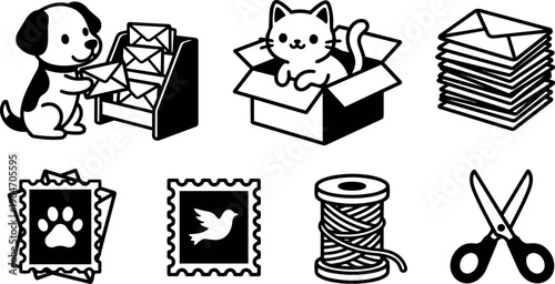 Dog with envelopes cat in box thread spool and scissors