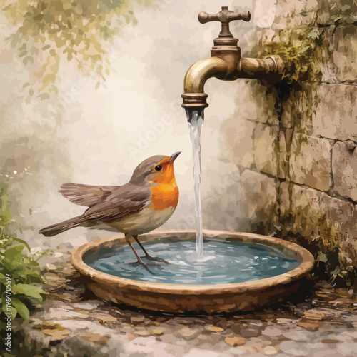 European robin bird drinking water from a vintage brass faucet dripping into a terracotta birdbath in a rustic stone courtyard