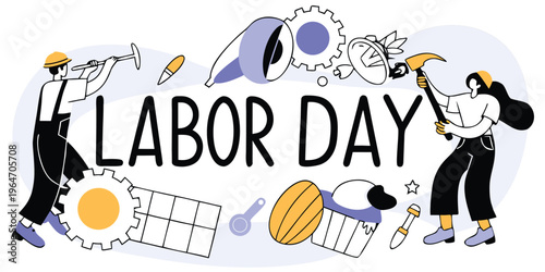 Labor day celebration with workers and tools on white background