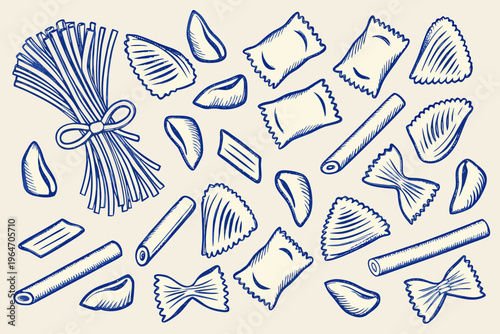 A hand drawn illustration showcasing various types of italian pasta