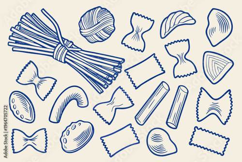 Variety of pasta shapes illustrated in a simple blue line art style