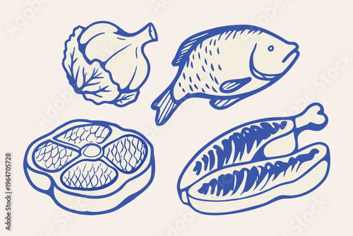 Blue line art illustration of artichoke fish meat and poultry