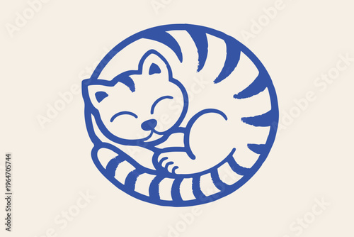 A stylized blue illustration of a curled up sleeping cat