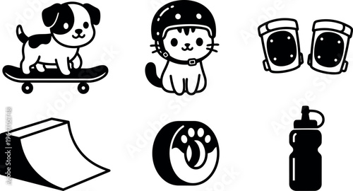 Black and white pet skateboarding gear with puppy cat helmet and ramp