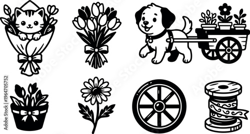 Black and white line art kitten in flower bouquet dog pulling flower cart and gardening icons