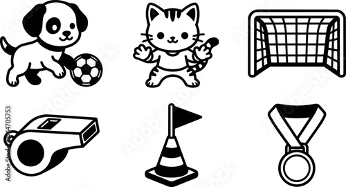 Dog playing soccer cat referee and soccer goal
