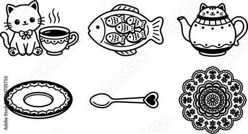 Black and white cute cat with tea cup fish plate spoon and detailed doily line art