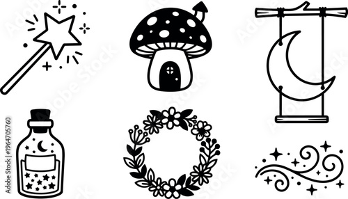 Black and white magical wand mushroom house moon swing flower wreath and sparkles vector art