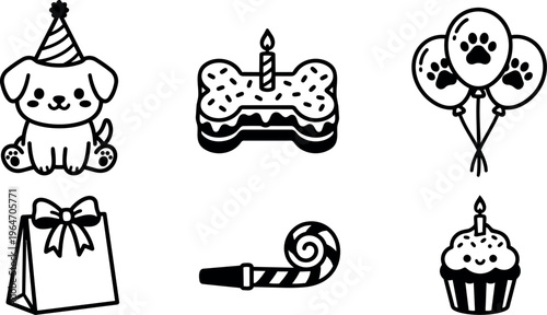 Cute puppy with party hat bone cake balloon gift bag cupcake birthday celebration vector art