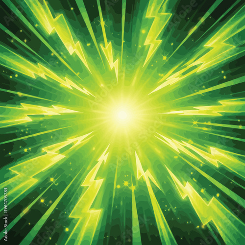 Electric green lightning bolt radial burst background with glowing light for energy and power concepts with lightning bolts