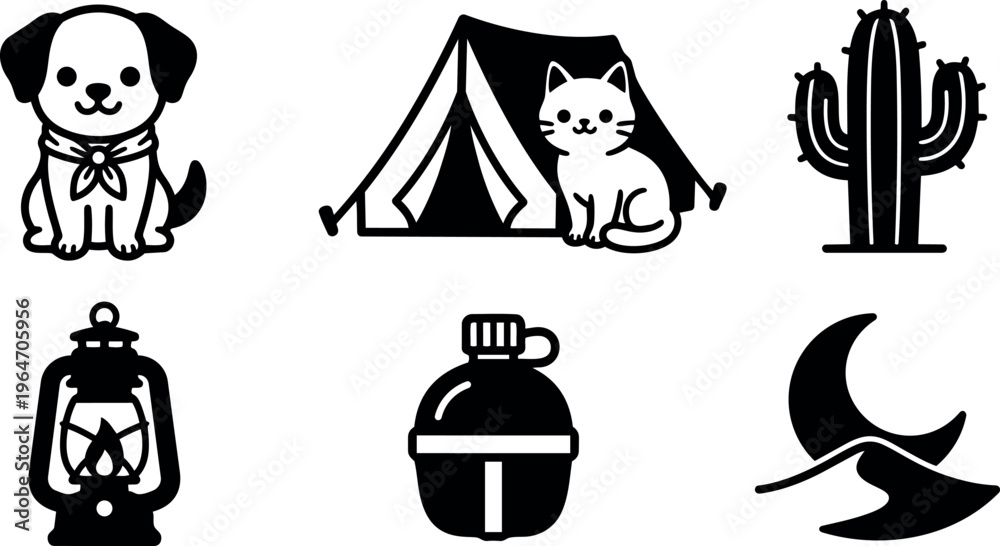 Naklejka premium Black and white camping icons with dog cat tent cactus lantern canteen and moon desert