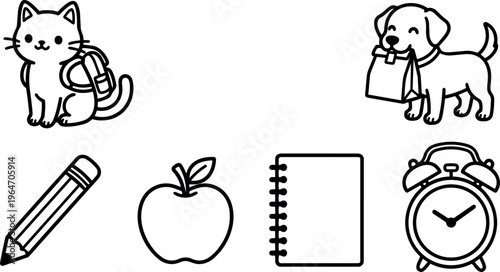 Black and white line art cat dog apple pencil notebook and alarm clock