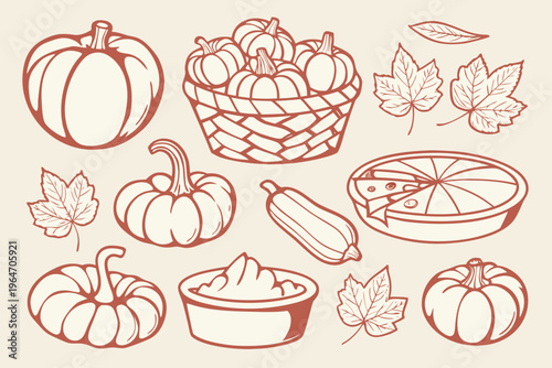 Autumn harvest illustration featuring pumpkins gourds and a pie
