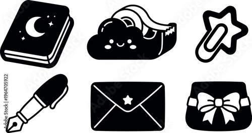 Night book smiling cloud tape dispenser star paperclip fountain pen envelope bow pouch