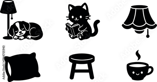 Black and white cat reading book dog sleeping with lamp and cozy home icons