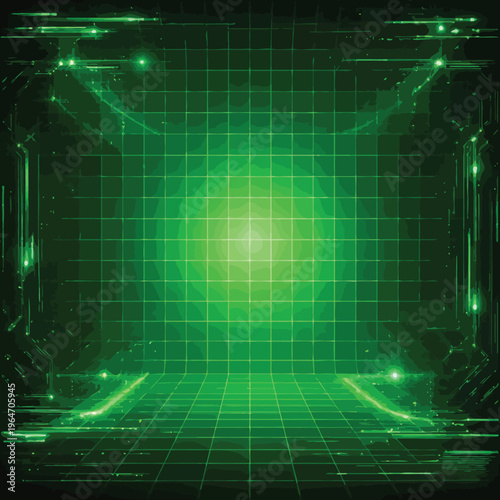 Abstract green grid tunnel background, futuristic digital cyberspace network with glowing light and virtual reality, sci fi