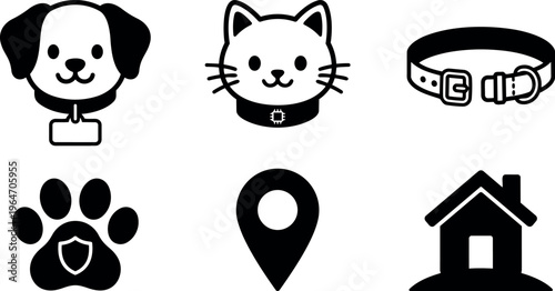 Black and white icons of dog cat collar paw print location and house
