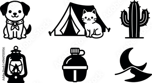 Black and white camping icons with dog cat tent cactus lantern canteen and moon desert