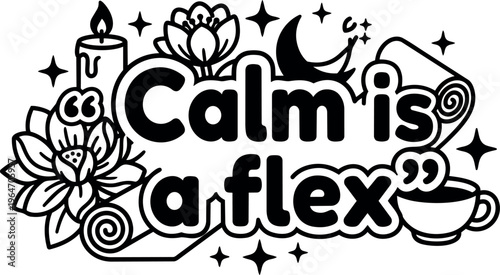 Calm is a flex bold lettering with lotus candle and moon vector art