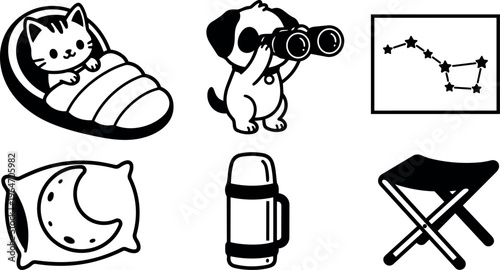 Black and white line art camping icons cat puppy constellation thermos stool and pillow