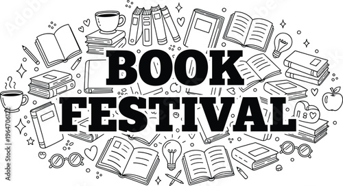 Book festival banner vector illustration with hand drawn doodle library elements books and coffee for literary events reading education and bookstore promotion.
