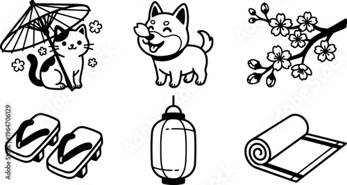 Cat under umbrella dog with leaf cherry blossom geta sandals lantern and tatami mat roll