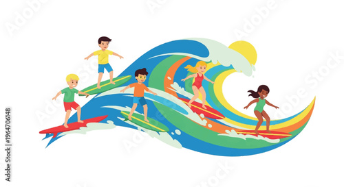 Surfers riding vibrant wave illustration isolated