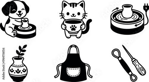 Black and white pottery wheel dog cat holding bowl vase apron and tools vector art