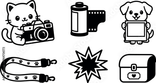 Cute cat with camera and dog holding photo frame black and white vector art