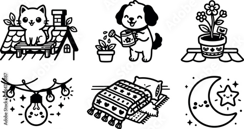 Cute black and white line art of cat on roof dog watering flower pot and celestial moon star icons