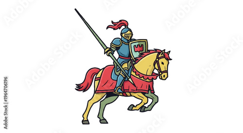 Knight on horseback illustration armed with lance and shield on white background