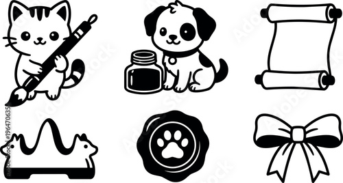 Cute cat holding paintbrush and puppy with ink bottle cartoon vector set