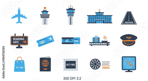 Set of fifteen airport and aviation icons such as airplanes, control towers, and passports. isolated on transparent background, isolated on white background, Vector