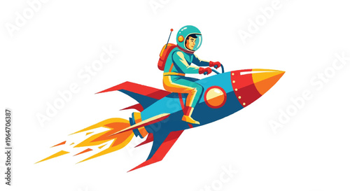 Astronaut riding rocket isolated on white background vector illustration